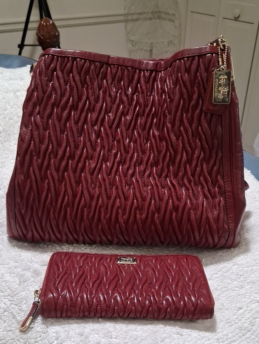 Coach Madison Phoebe Quilted Wine Red (Burgundy) Tote and Wallet Set